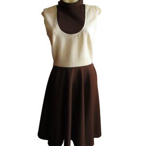 Vintage Women's Dress 8 1970's 2 Tone Stretch Knit Polyester Handmade Brown Mod